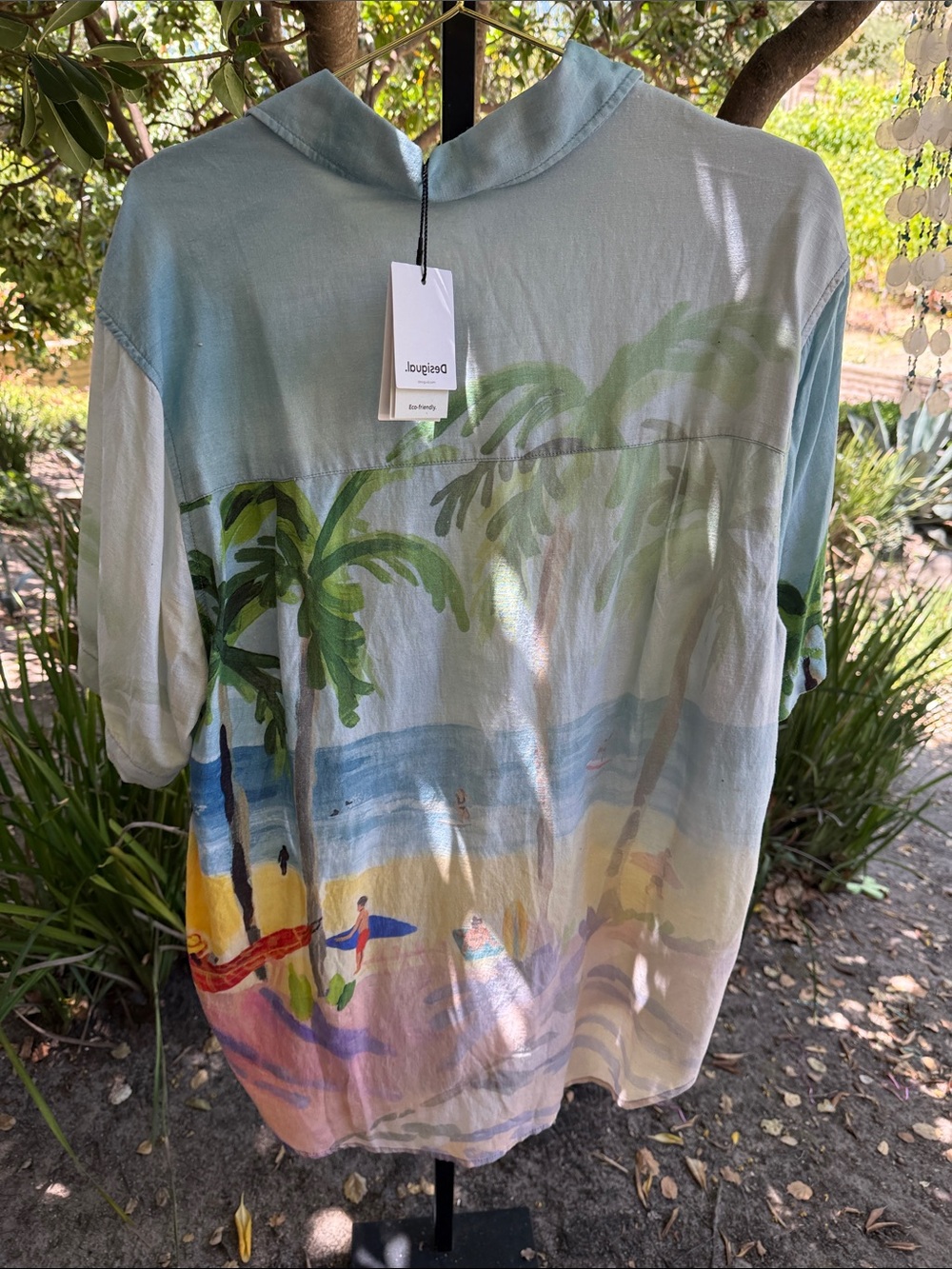 Desigual Pastel Beach Scene Resort Shirt in Sky Blue, Green, Yellow